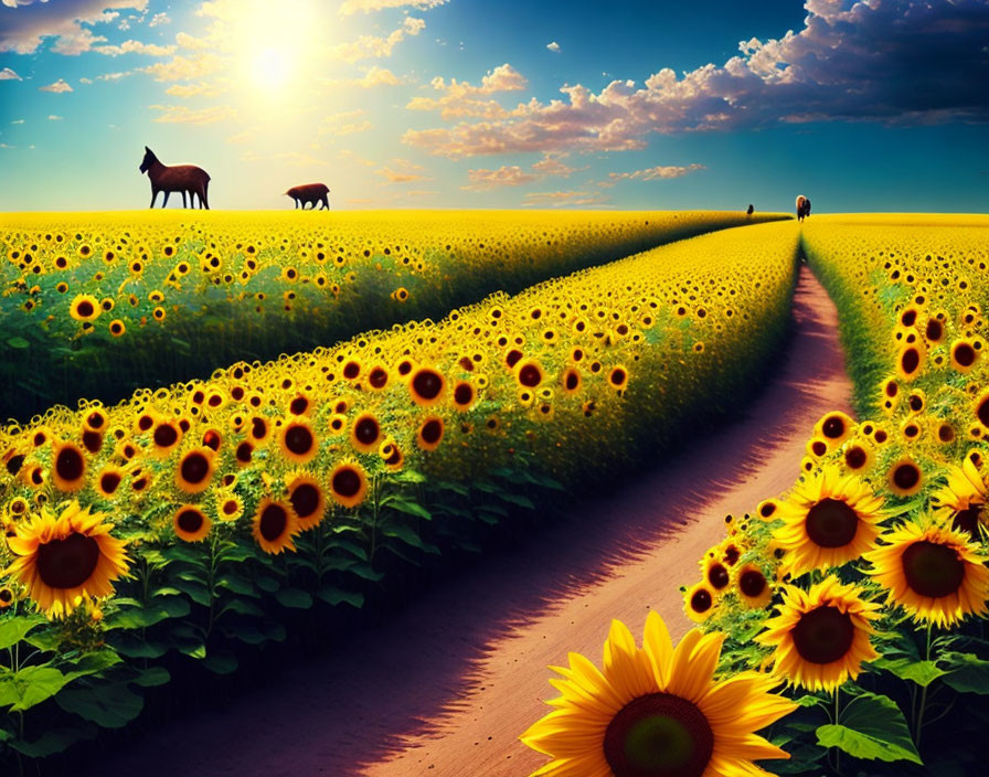 Scenic sunset landscape with sunflower field, horses, and dirt path