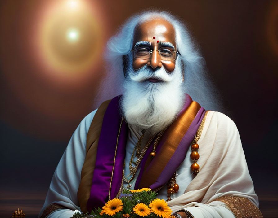 Elderly man in traditional Indian attire with white beard and glasses smiling against warm backdrop.