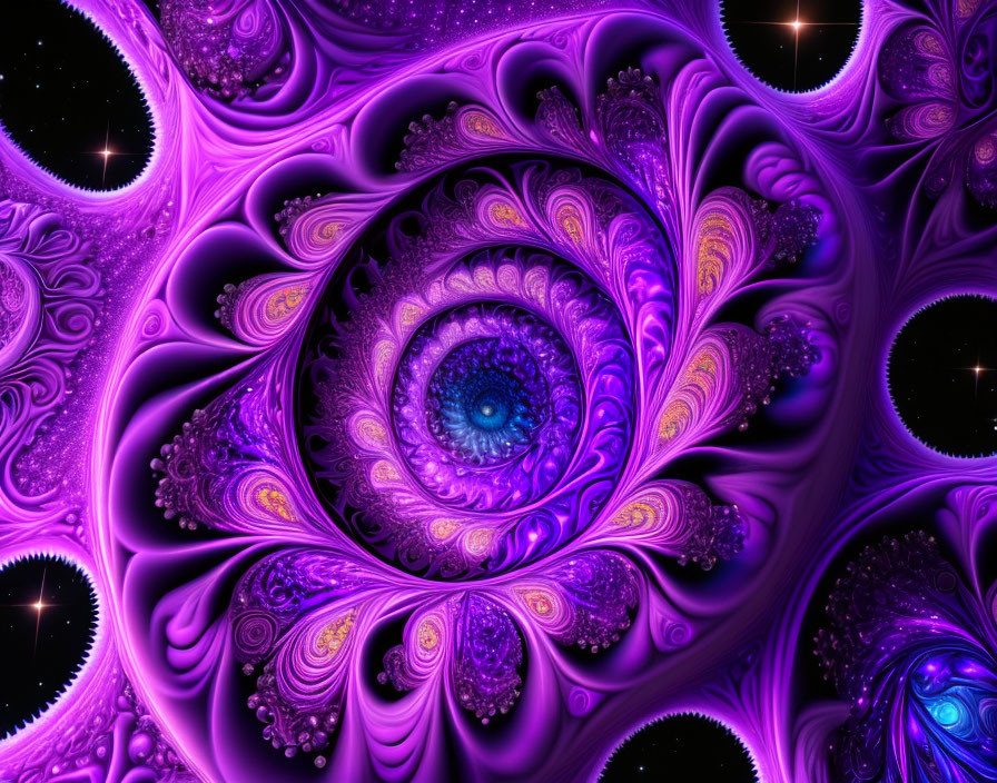 Colorful fractal art with purple and gold patterns and a central blue eye design on cosmic background