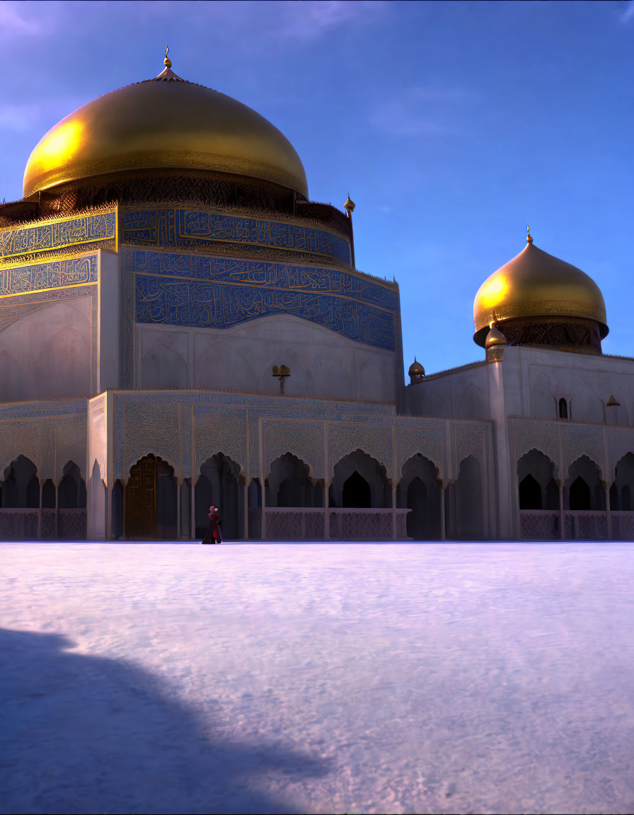 Islamic architecture: Two golden-domed buildings under clear sky with distant figure