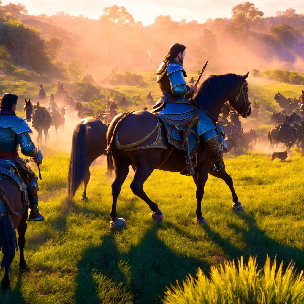 Armored knights on horseback in field at sunrise.