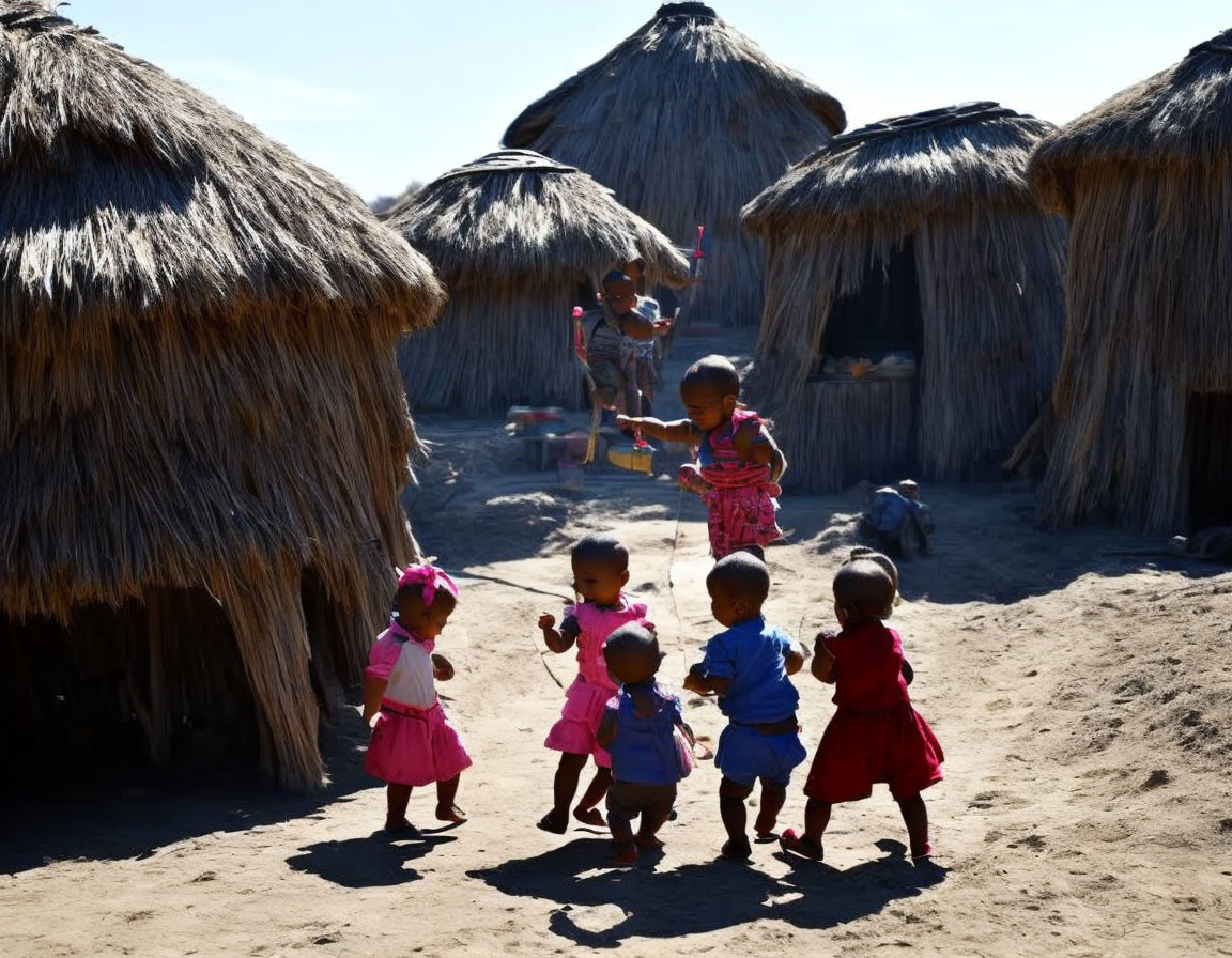 Children playing outside thatched huts under clear blue skies in a serene village setting.