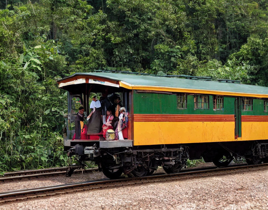 Vintage train journey through lush green forest