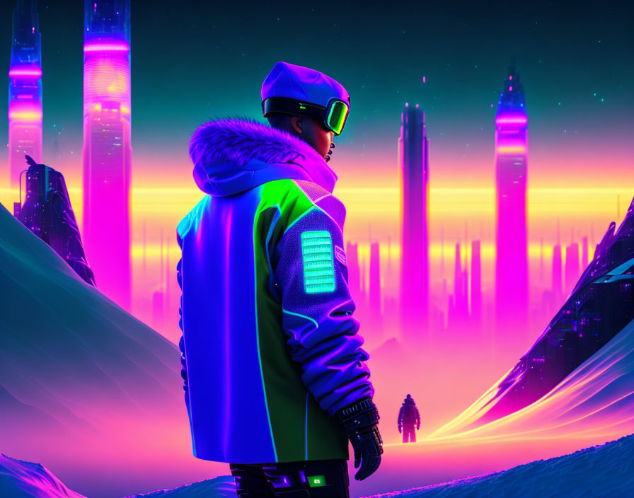 Futuristic attire person gazes at neon-lit cityscape