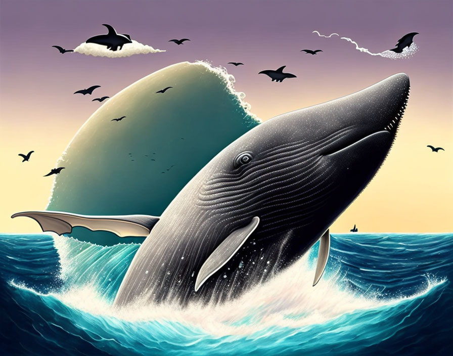 Whale breaching ocean at sunset with flying birds