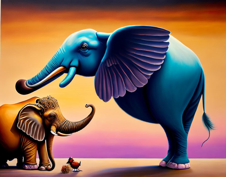 Colorful Painting of Small and Large Elephants with Bird on Gradient Background