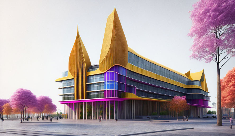 Modern architectural building with pointed yellow tops and vibrant purple accents in a plaza setting.