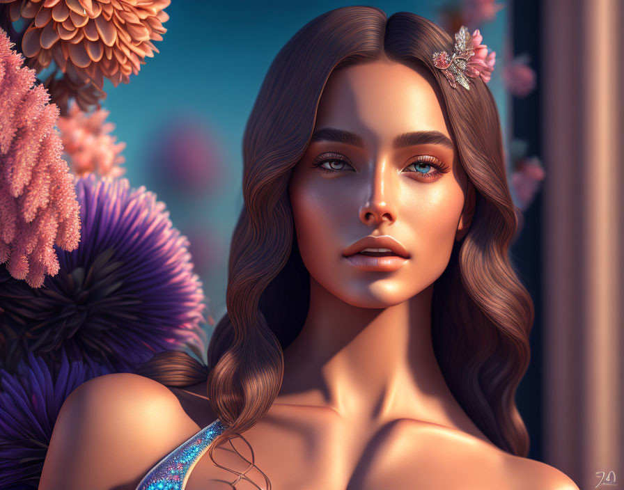 3D-rendered woman with long hair and flower in hair among colorful flowers