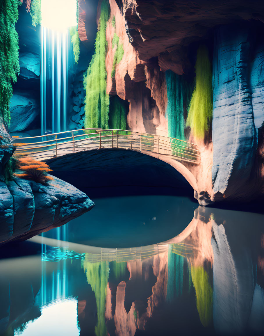 Tranquil subterranean scene with water body, stone bridge, and lush moss