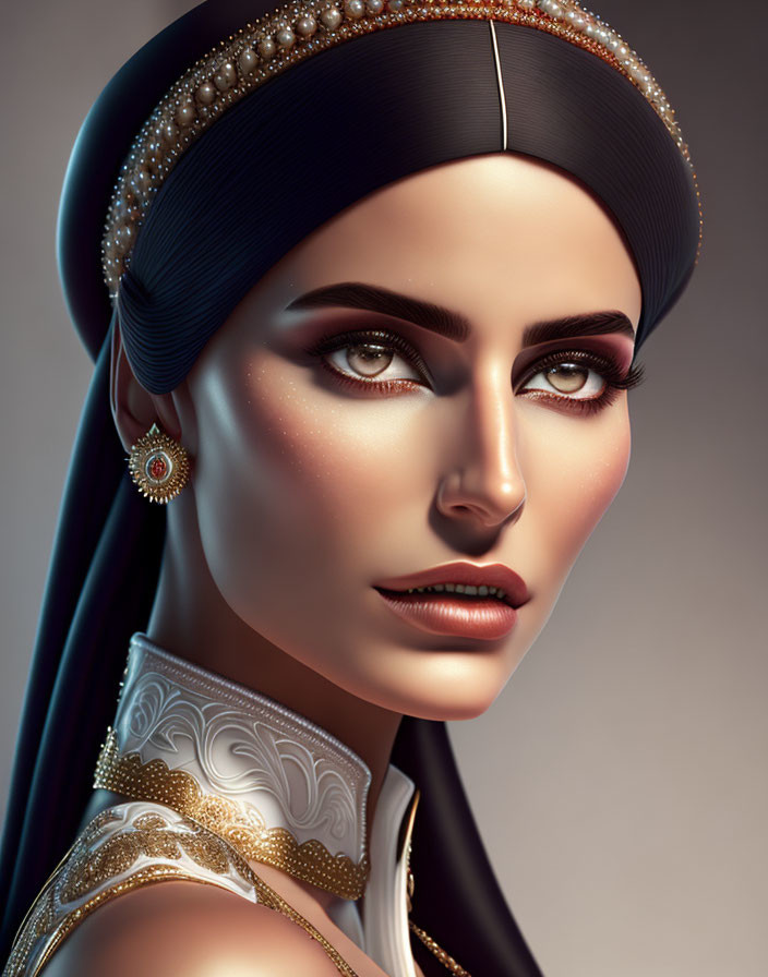 Elegant digital portrait of a woman with makeup, headband, and pearl earrings