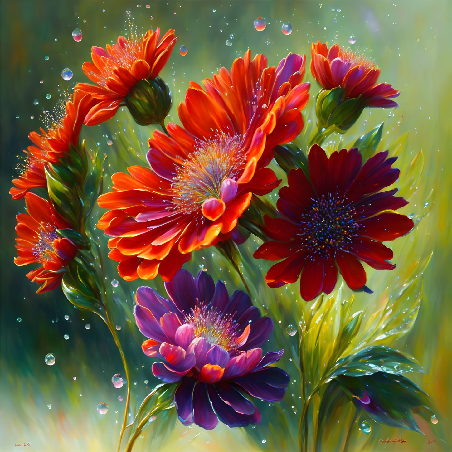 Colorful Painting of Red and Purple Gerbera Daisies with Dew Drops