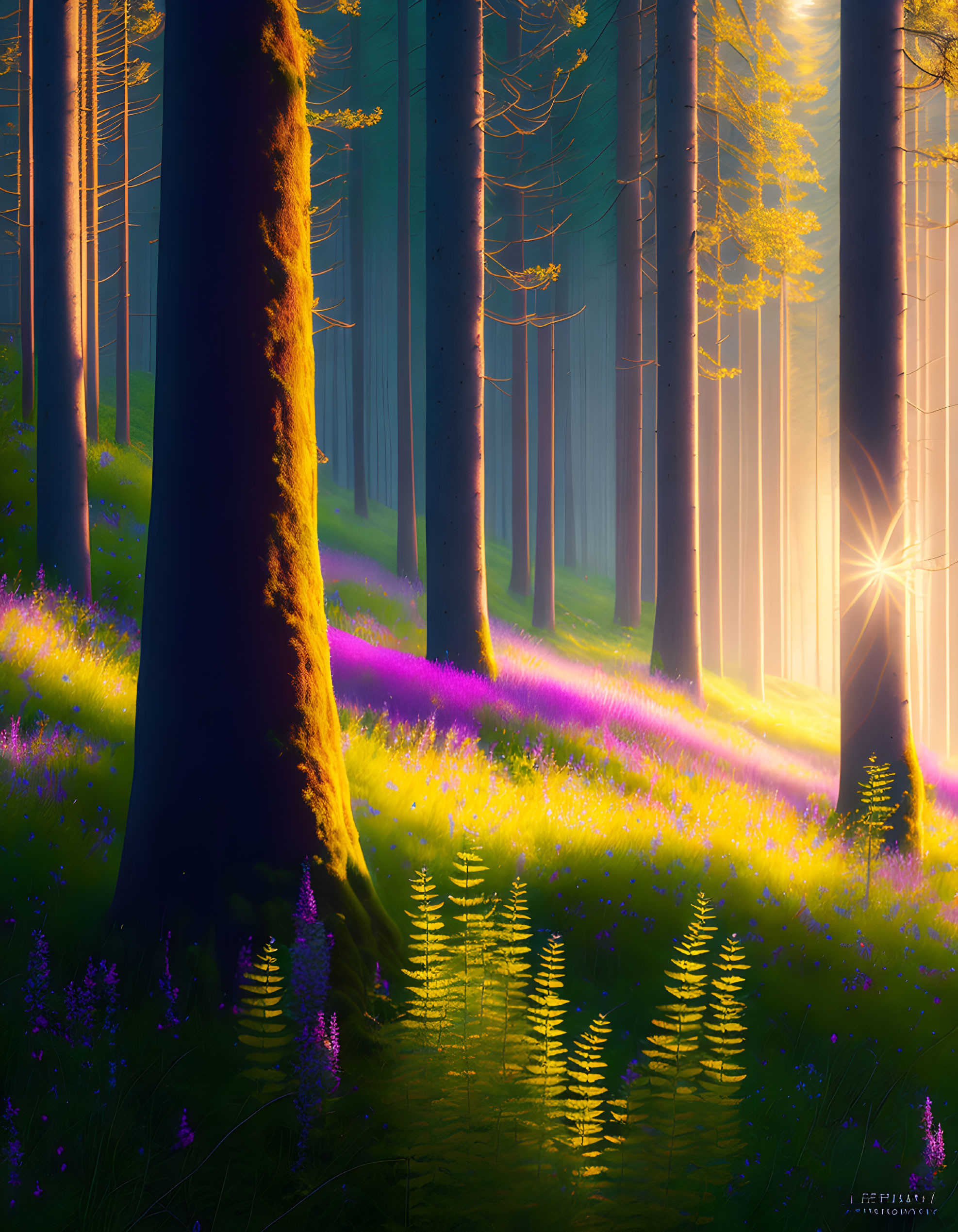 Lush forest with tall trees, sunlight, purple wildflowers, and green ferns