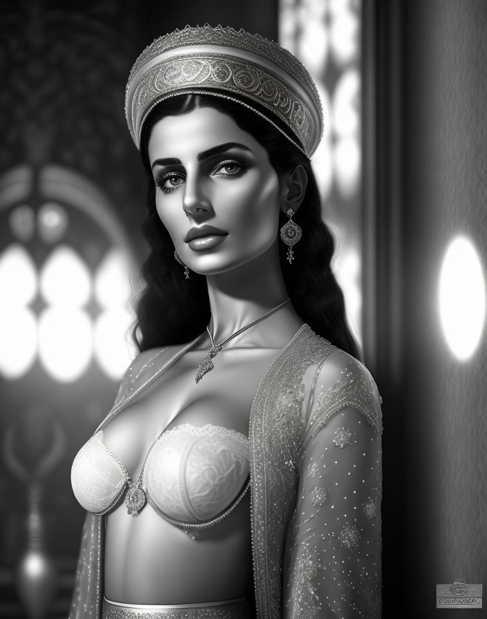 Regal woman portrait in monochromatic attire with headpiece and jewelry.