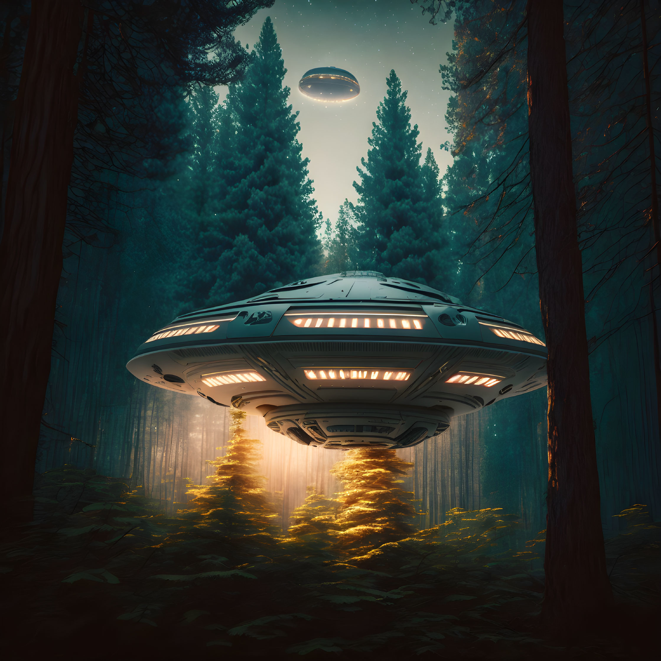 Misty forest scene with large hovering UFO and illuminated trees