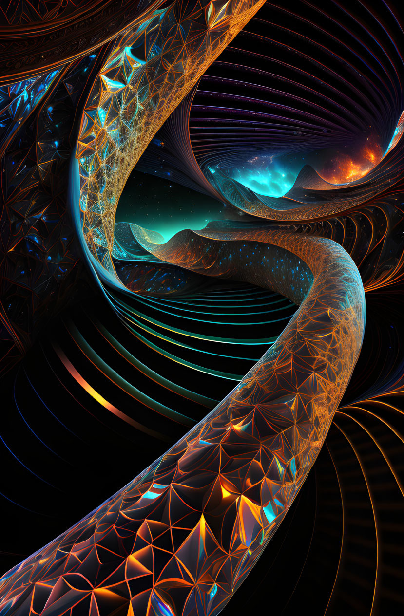 Intricate Blue, Orange, and Brown Spiral Fractal Image