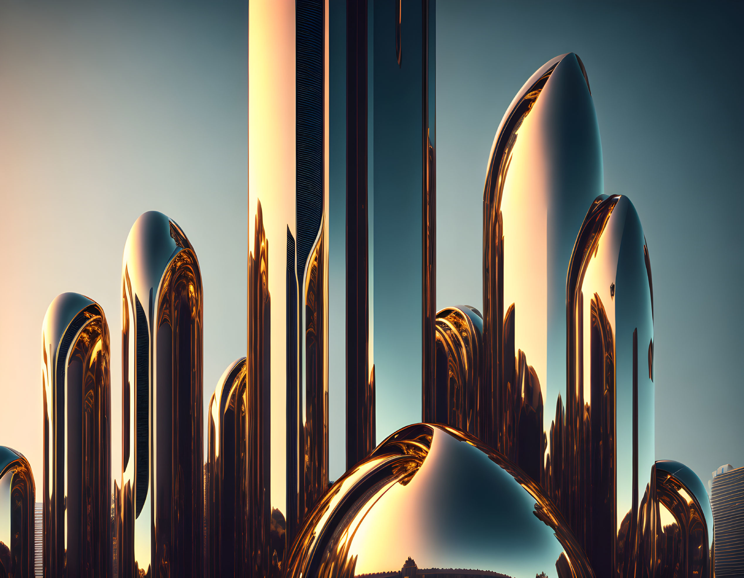 Reflective metallic skyscrapers in futuristic cityscape.