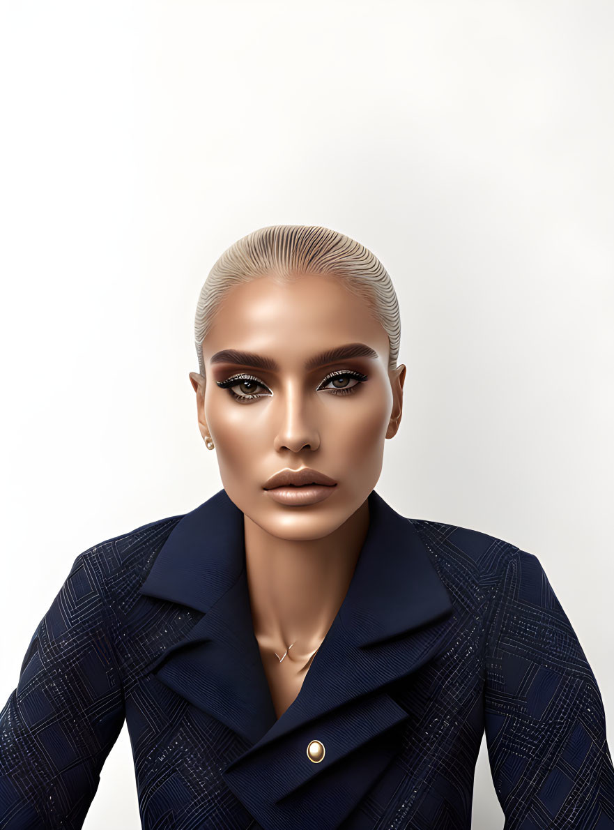 Digital portrait of woman with slicked-back hair, intense makeup, navy blue blazer.