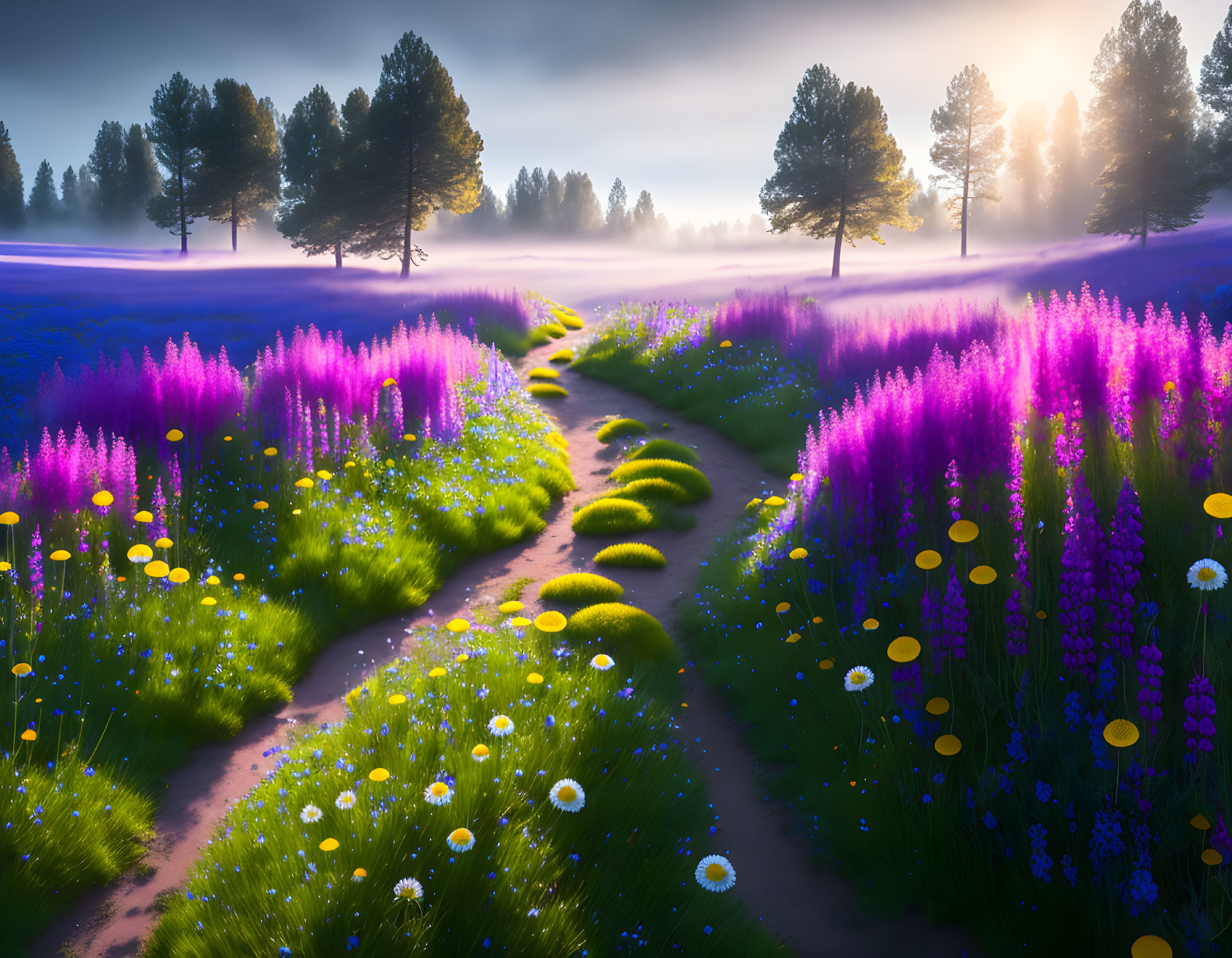 Scenic path through vibrant purple flower field and misty trees