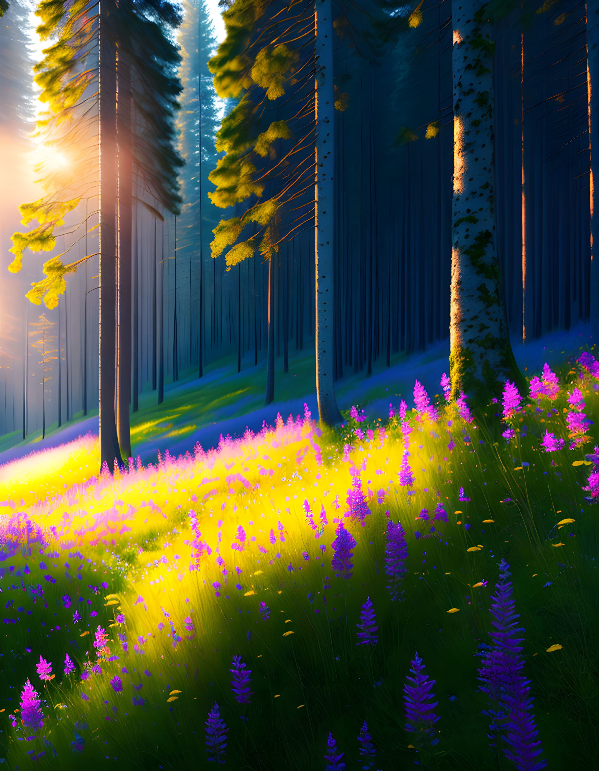 Vibrant meadow with purple wildflowers in a sunlit pine forest