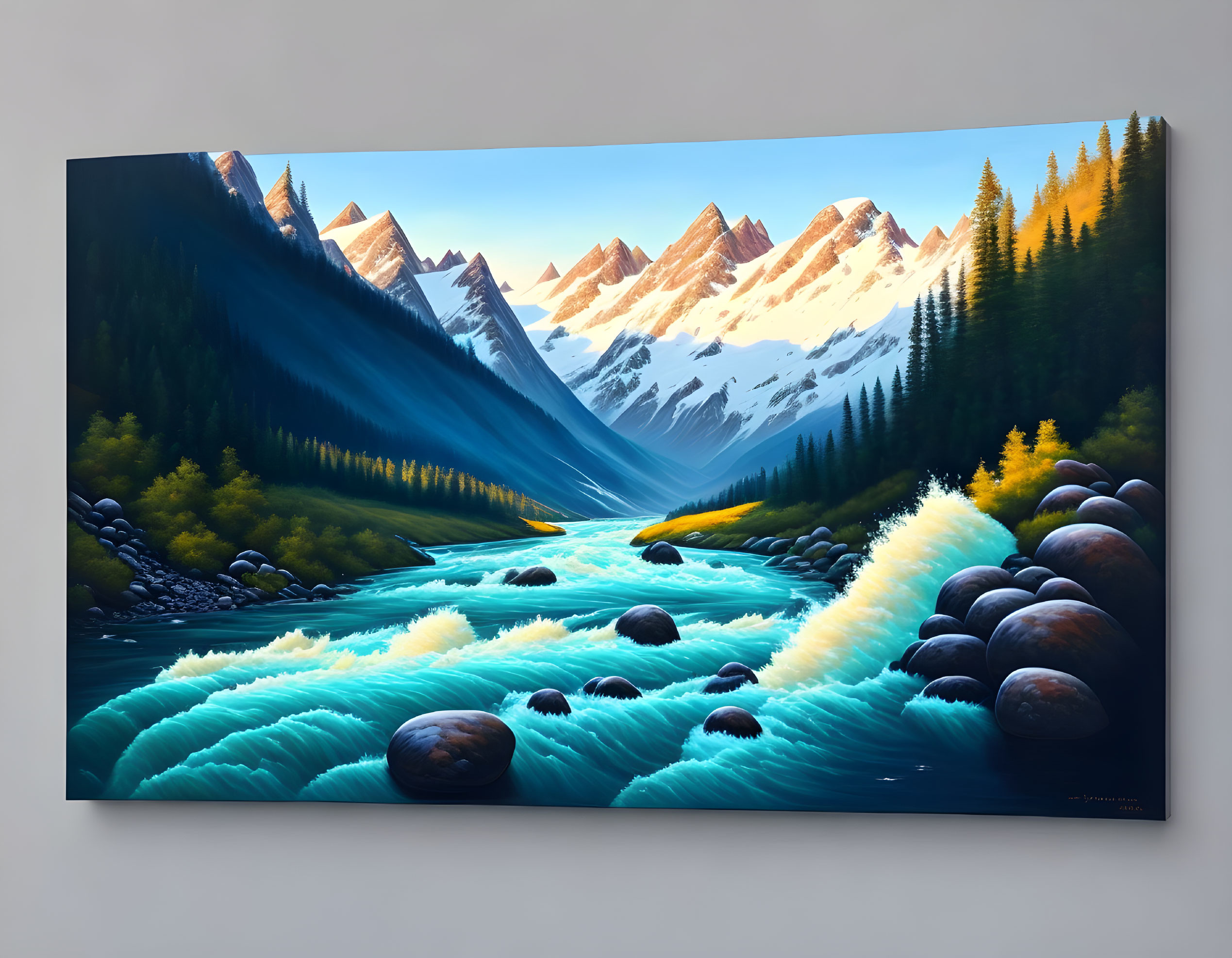 Mountain Landscape Painting with River, Pine Trees, and Rocks Displayed on Wall