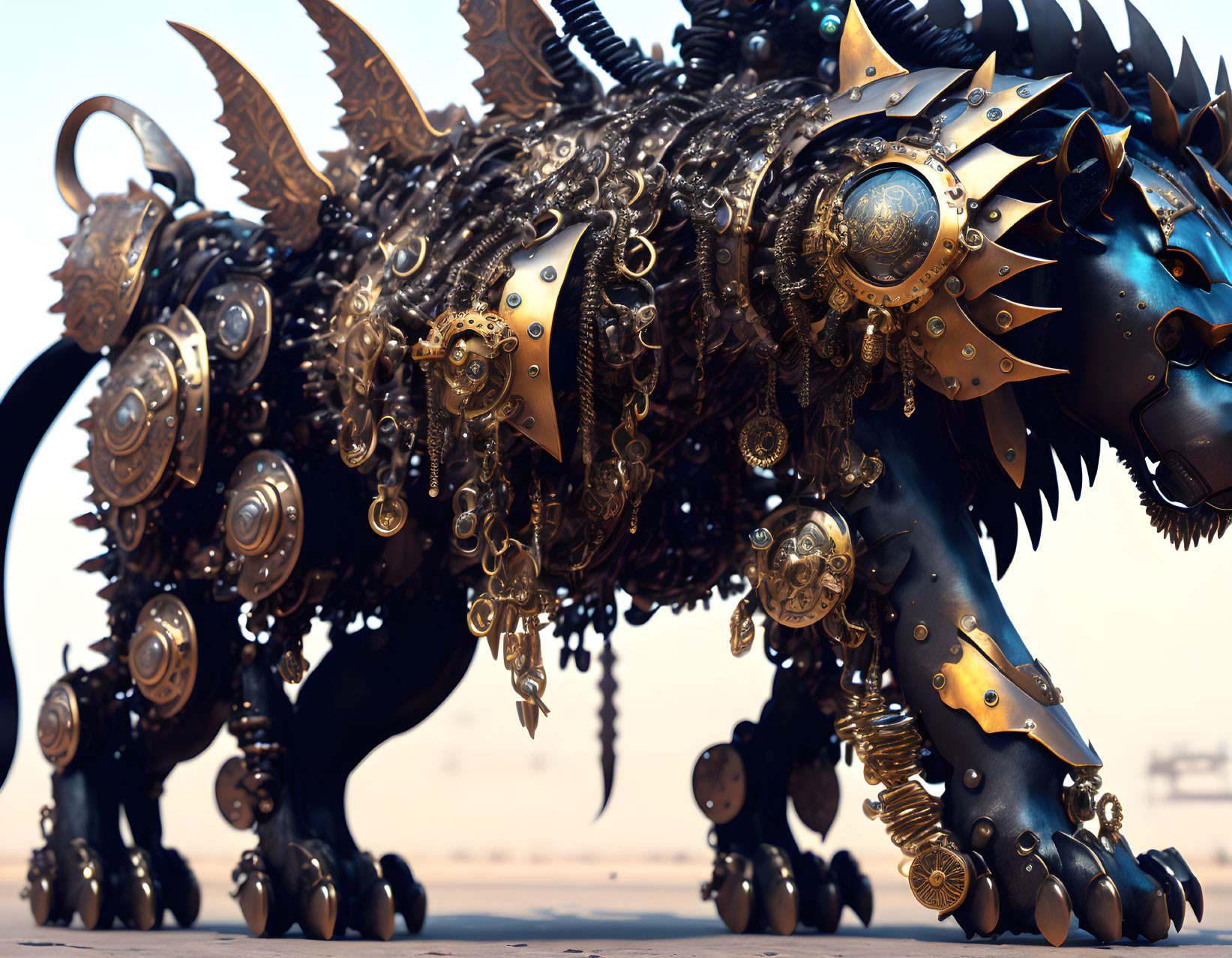 Detailed Mechanical Lion with Gold and Bronze Gears and Spikes