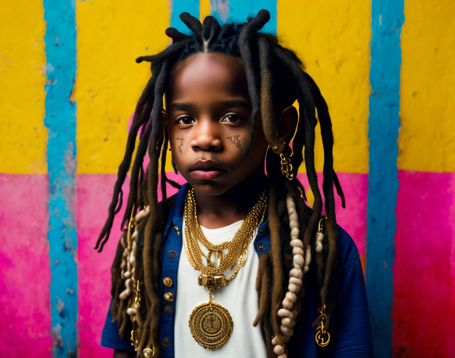 Portrait of a young person with dreadlocks and facial markings against colorful background