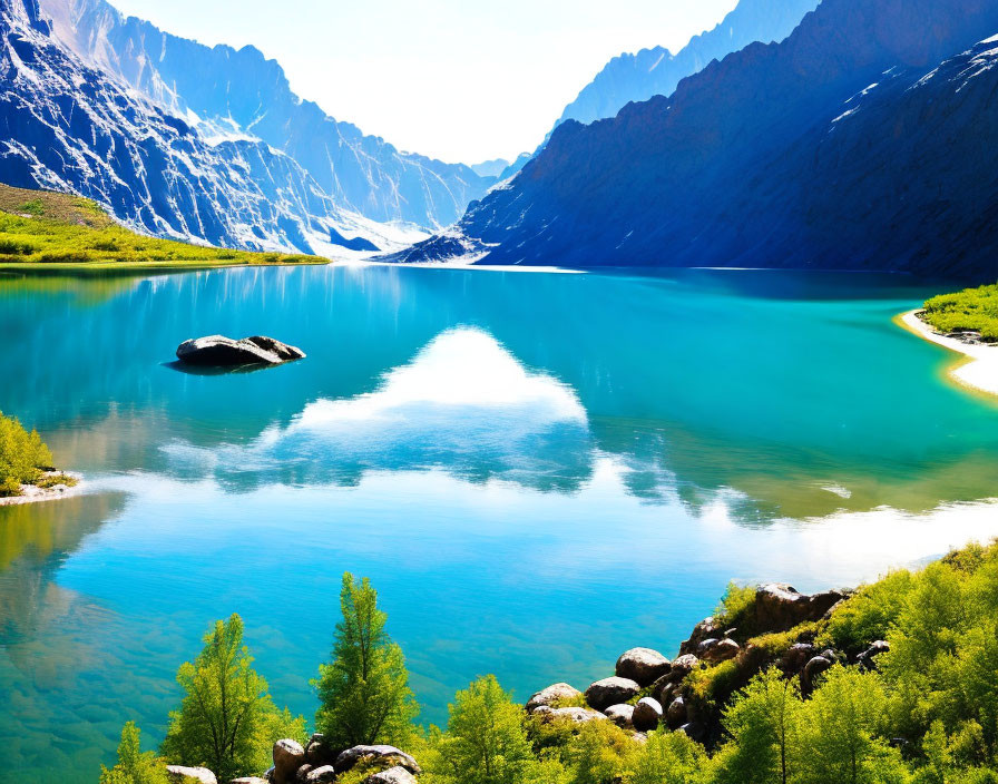 Tranquil mountain lake with vibrant turquoise waters and lush greenery