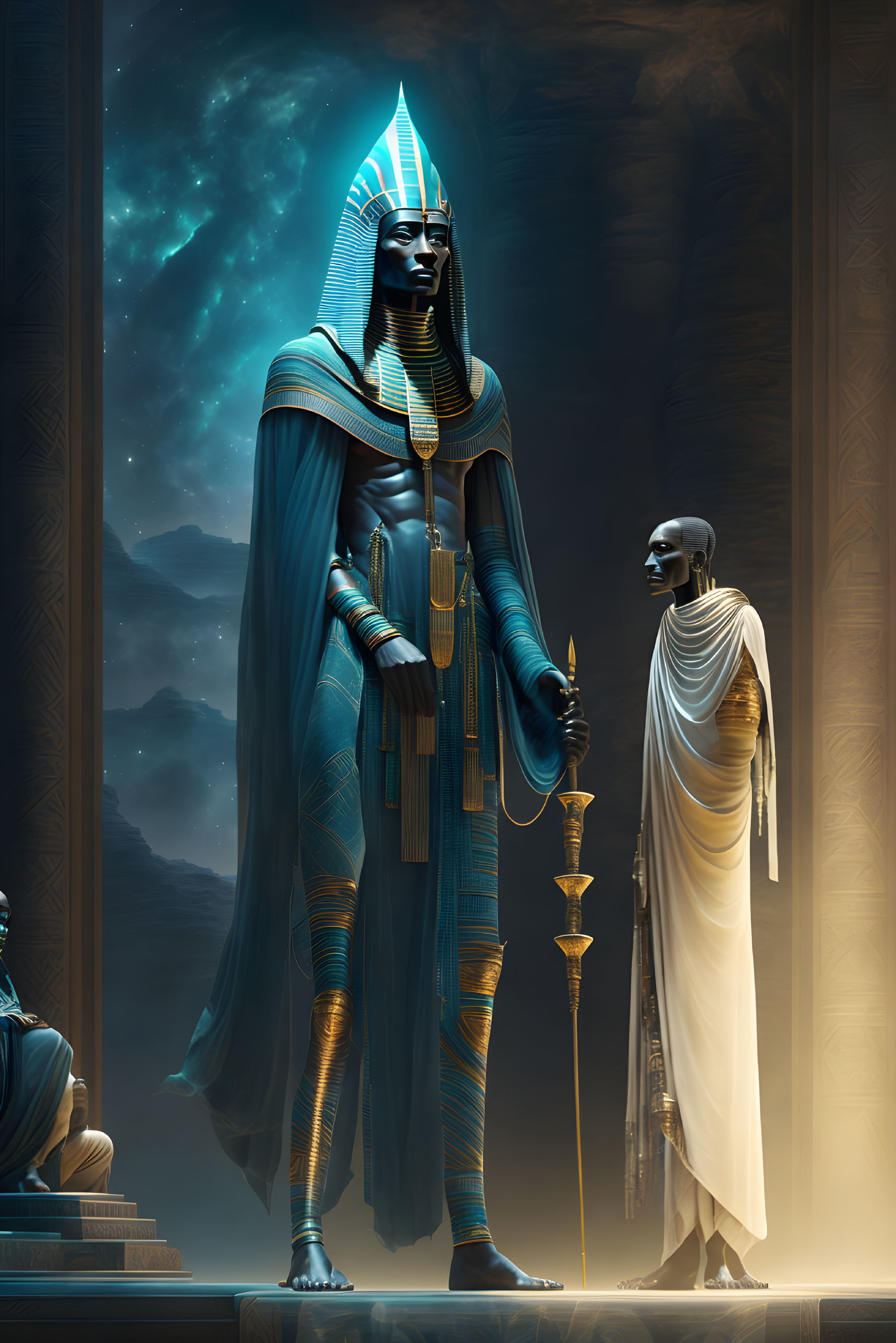 Ancient Egyptian figures in regal attire with hieroglyphic pillars