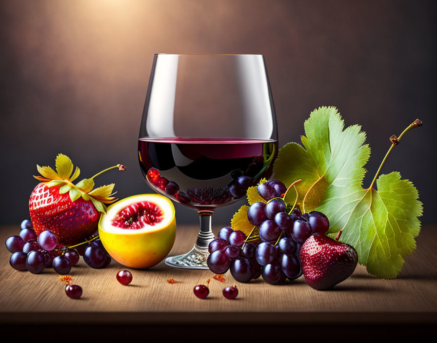 Red Wine Glass with Fruits on Wooden Table and Gradient Background