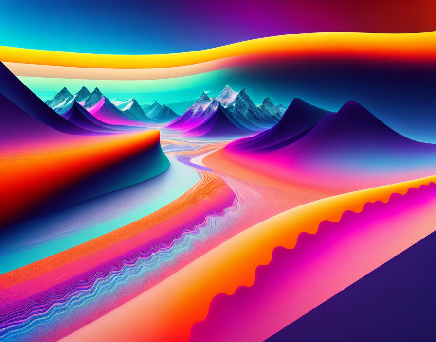 Colorful Striped Hills in Surreal Landscape Artwork