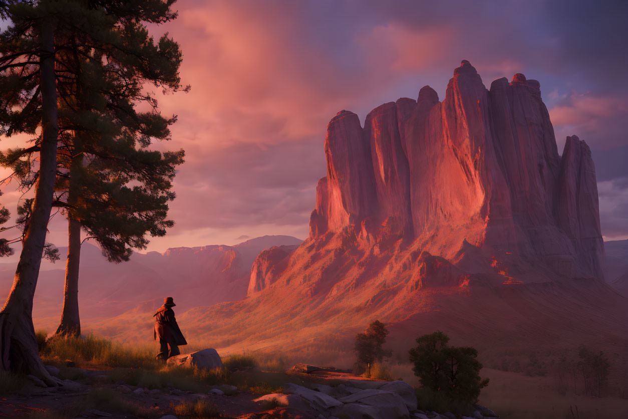 Mysterious figure in cloak at sunset with red rock formations