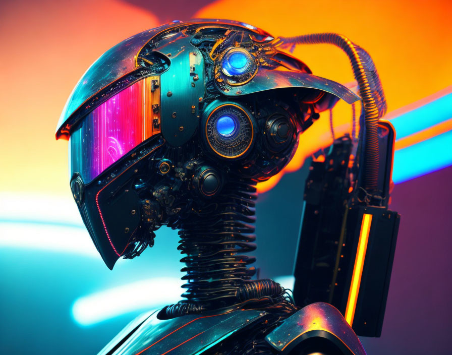 Intricate Futuristic Robot Head Illuminated by Neon Lights