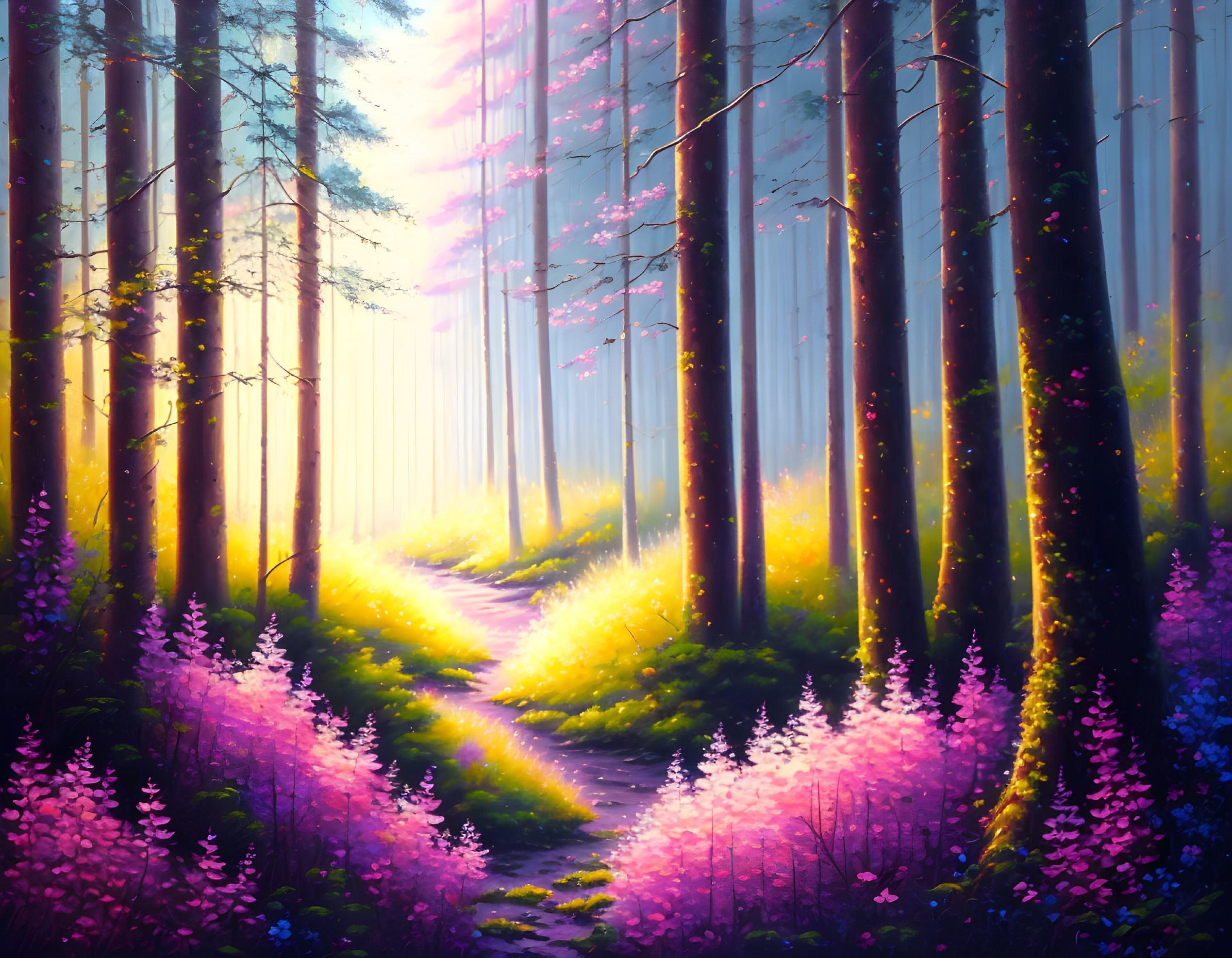 Sunrise forest landscape with tall trees and blooming purple wildflowers