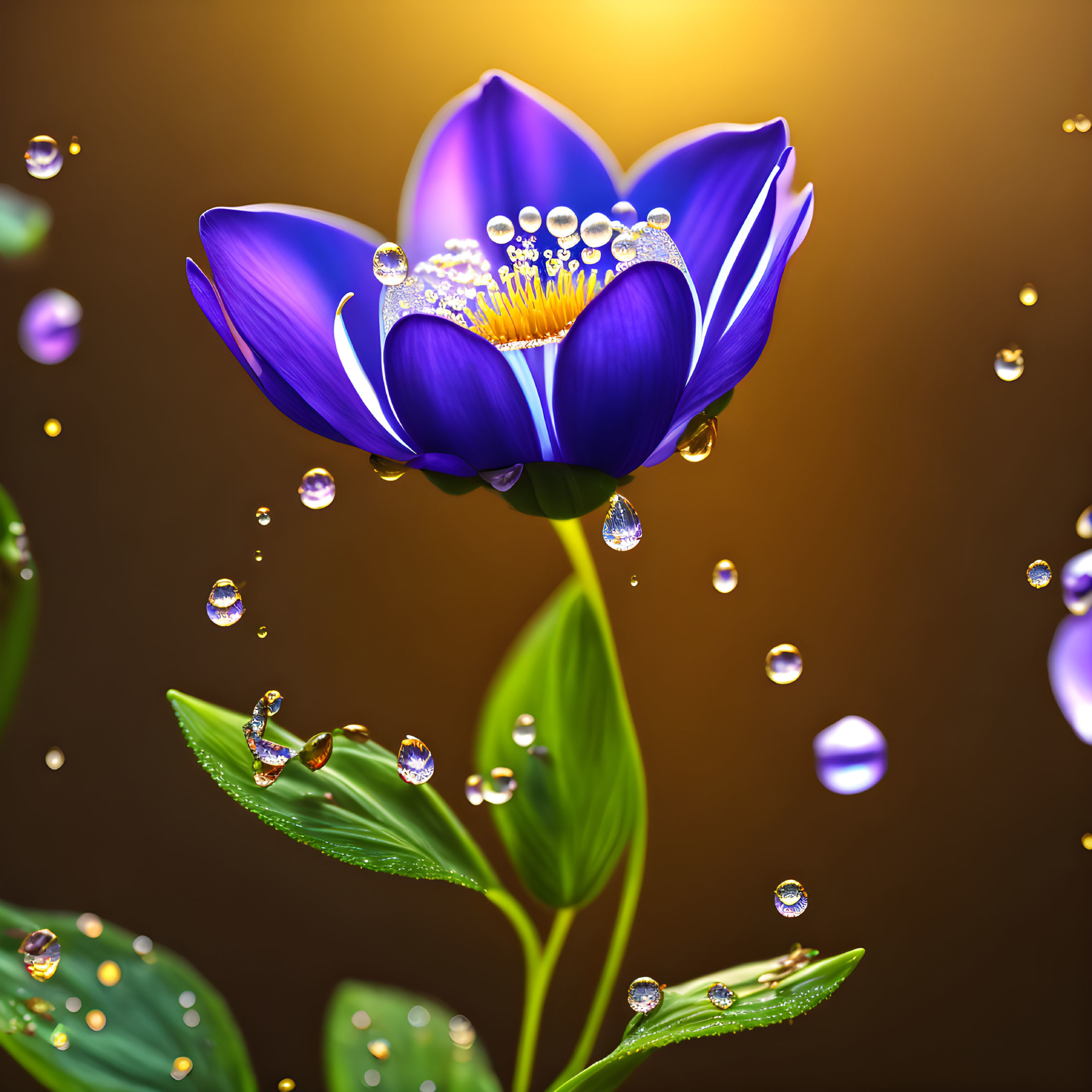 Blue Flower with Golden Center and Water Droplets on Bokeh-lit Background