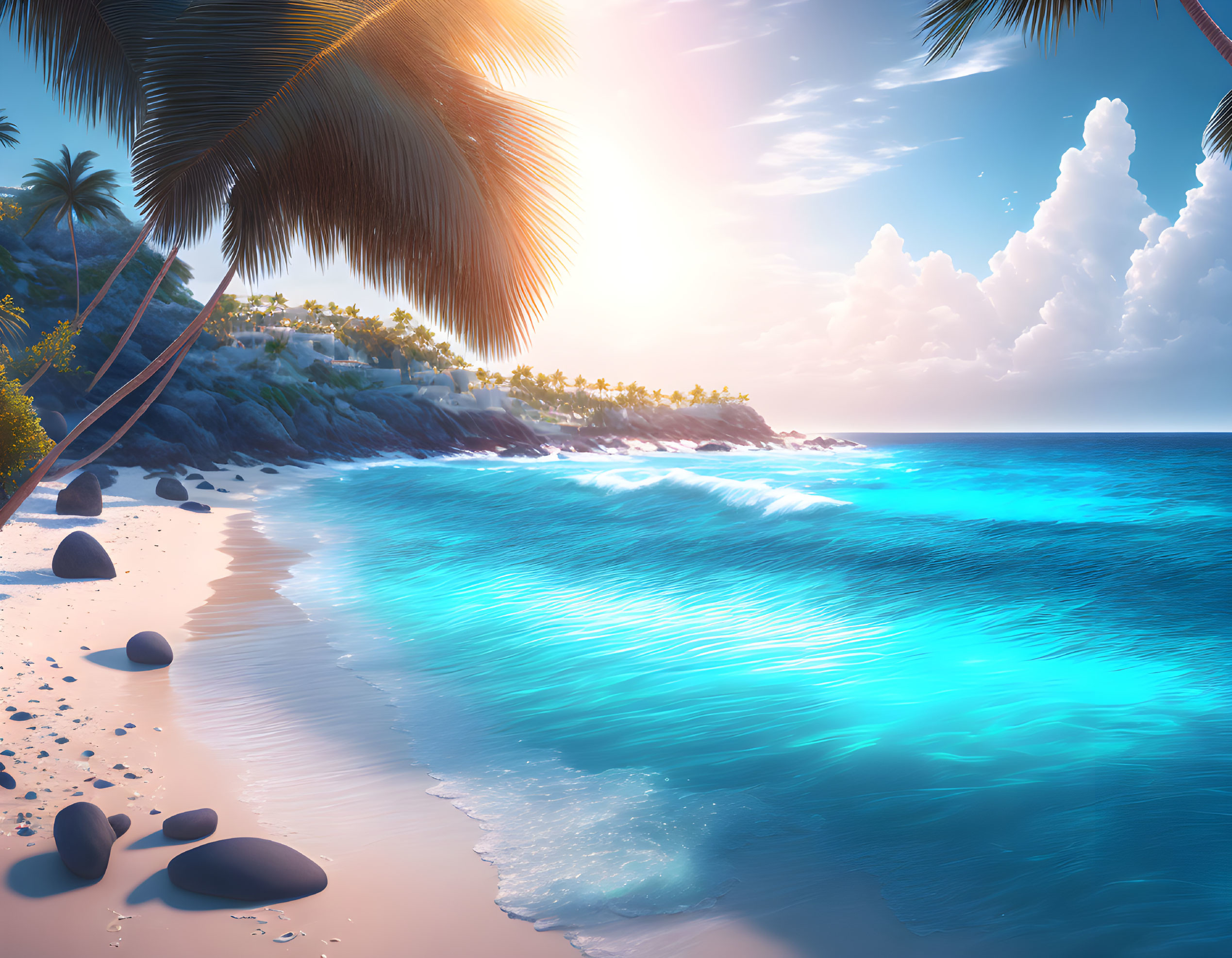 Tranquil Tropical Beach Sunset with Palm Trees and Gentle Waves