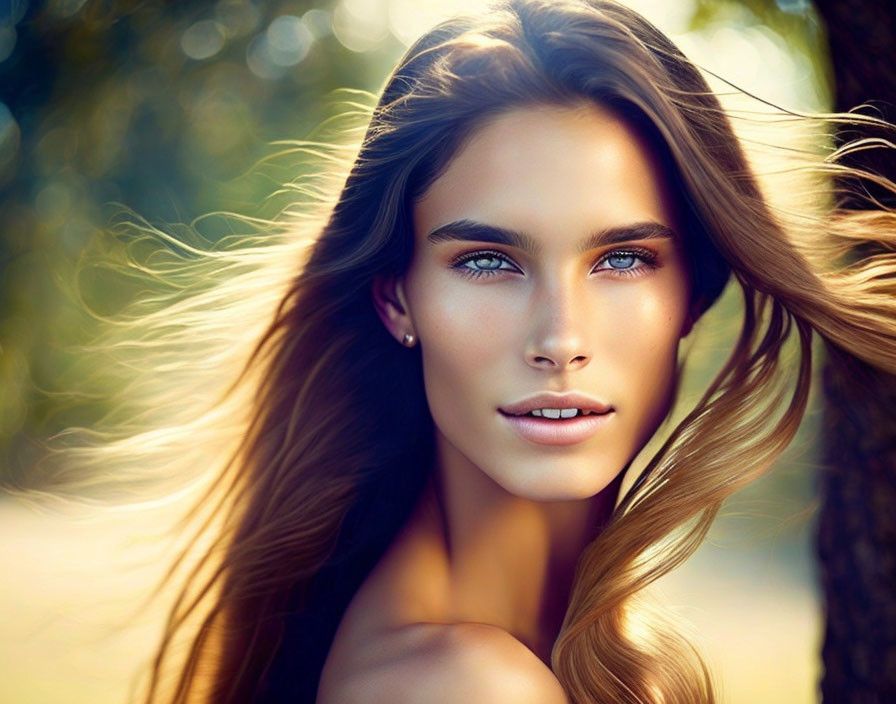 Woman with flowing hair and striking blue eyes against sunlit backdrop