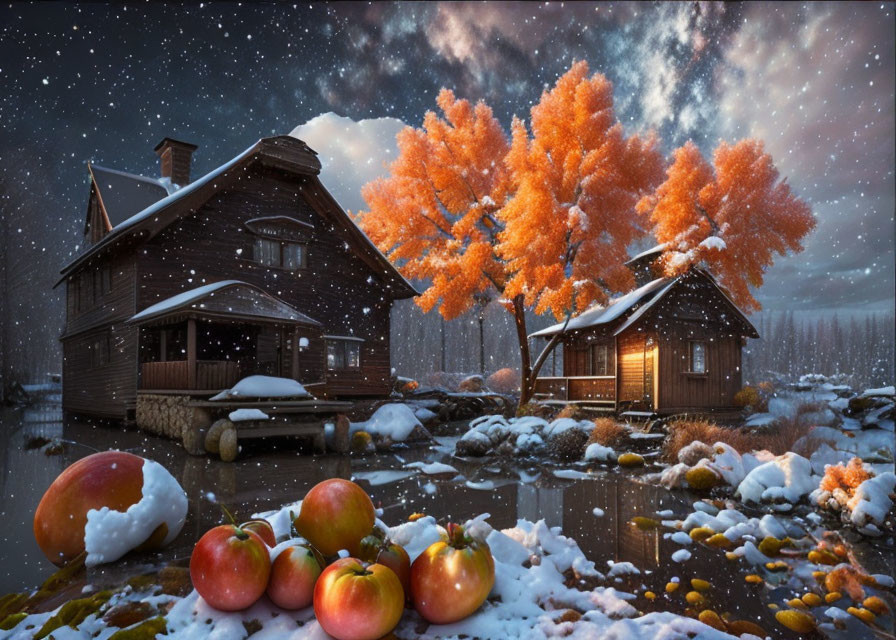 Wooden Cabins by Still Lake: Autumn Trees, Apples, Starry Night, Snowfall