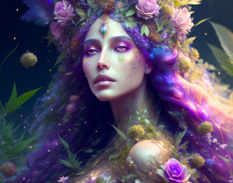 Mystical female figure with vibrant purple hair and floral crown on dark background