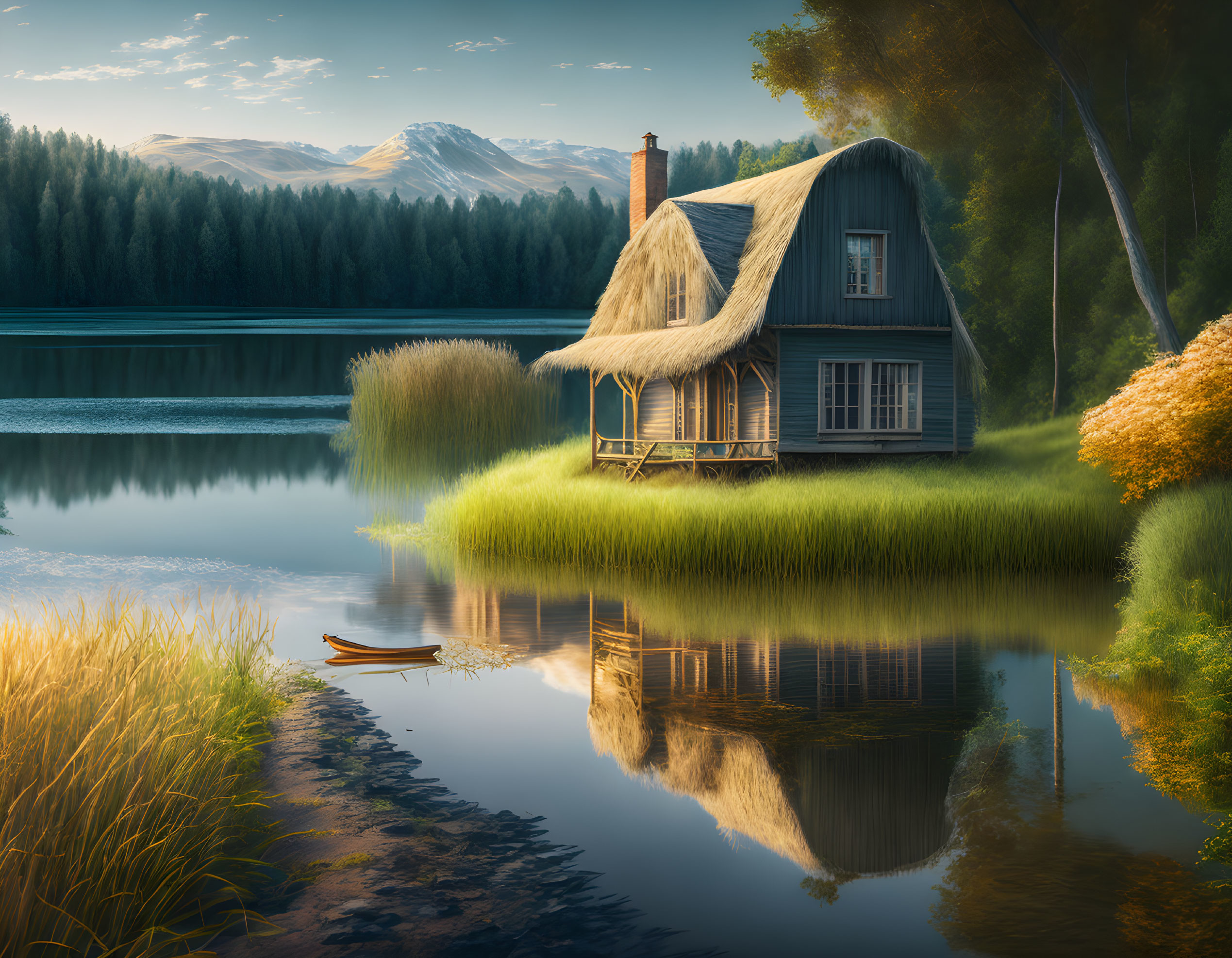 Tranquil lake scene with thatch-roofed cottage, lush trees, mountains, and canoe