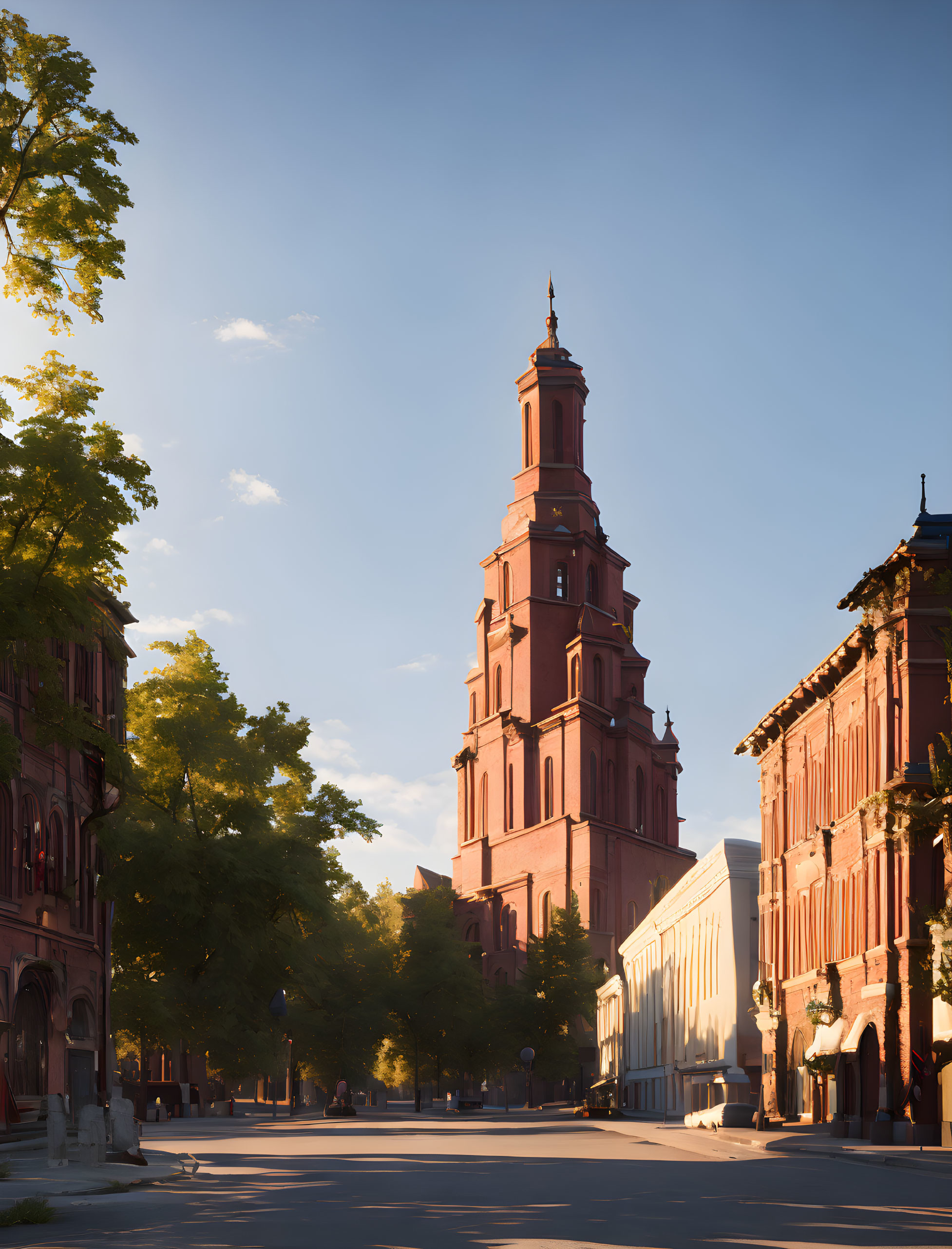 Imposing red-brick tower and classical buildings against clear blue sky