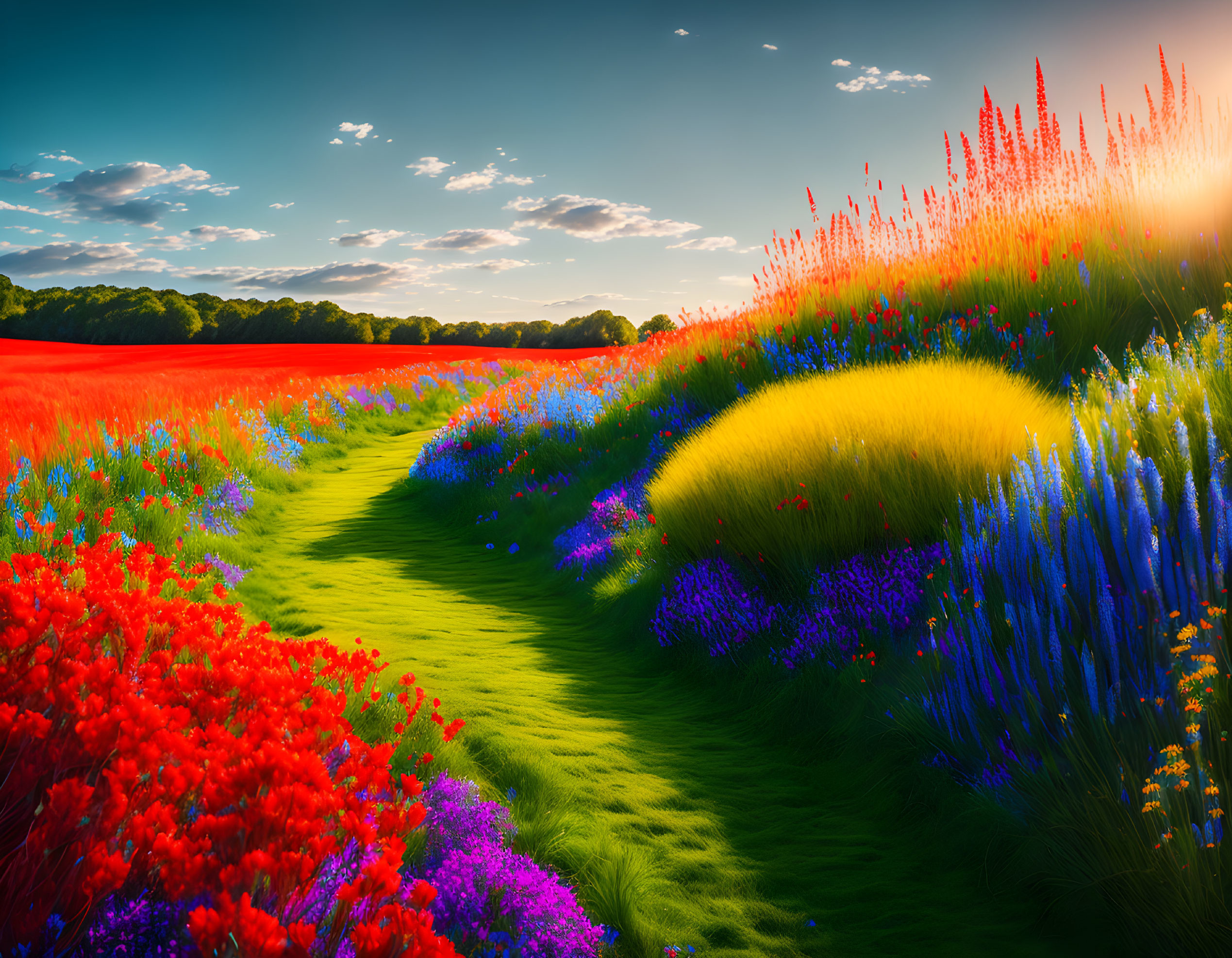 Colorful Flower Field Path at Sunset