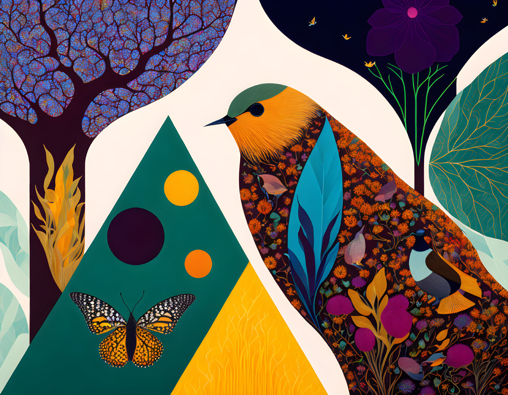 Vibrant nature-themed stylized illustration with bird, trees, flowers, butterfly