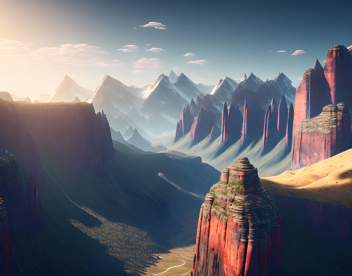 Majestic mountain range with sharp peaks and red rock formations.