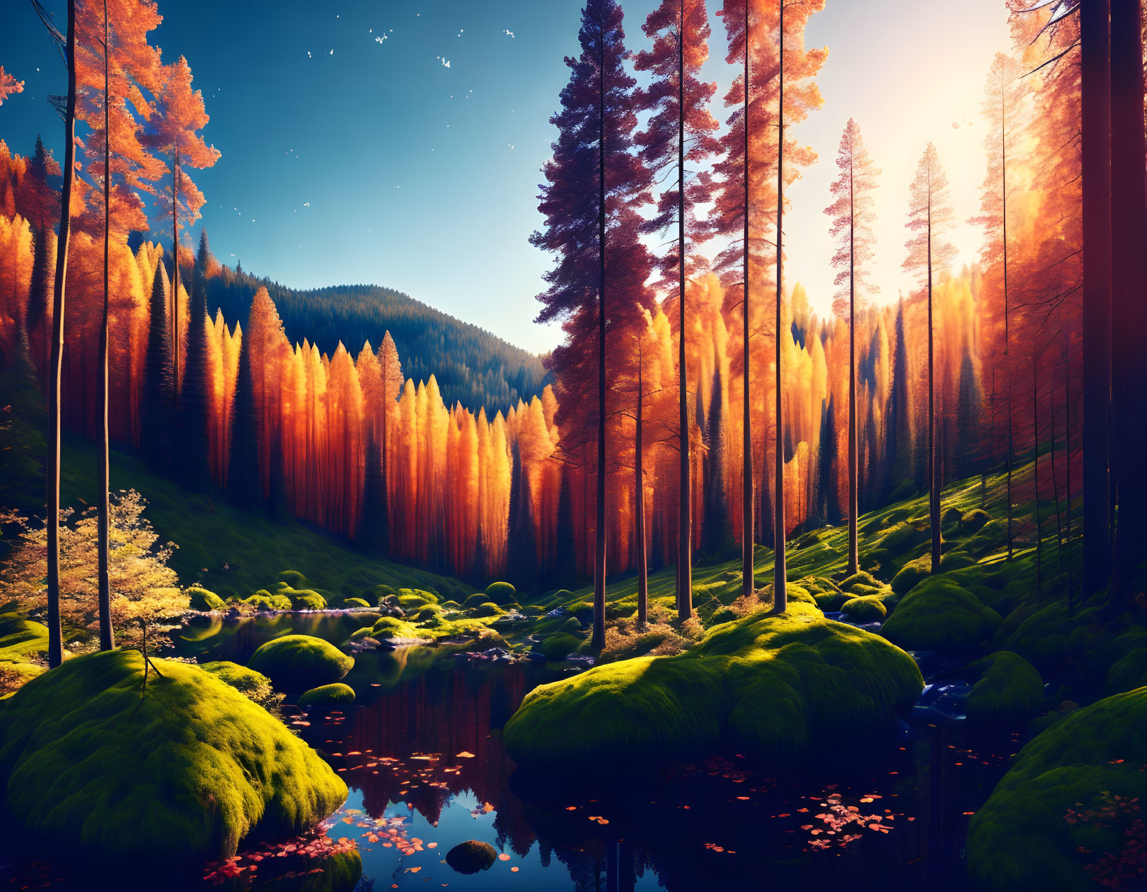 Tranquil forest landscape with golden trees, moss-covered rocks, and starry sky