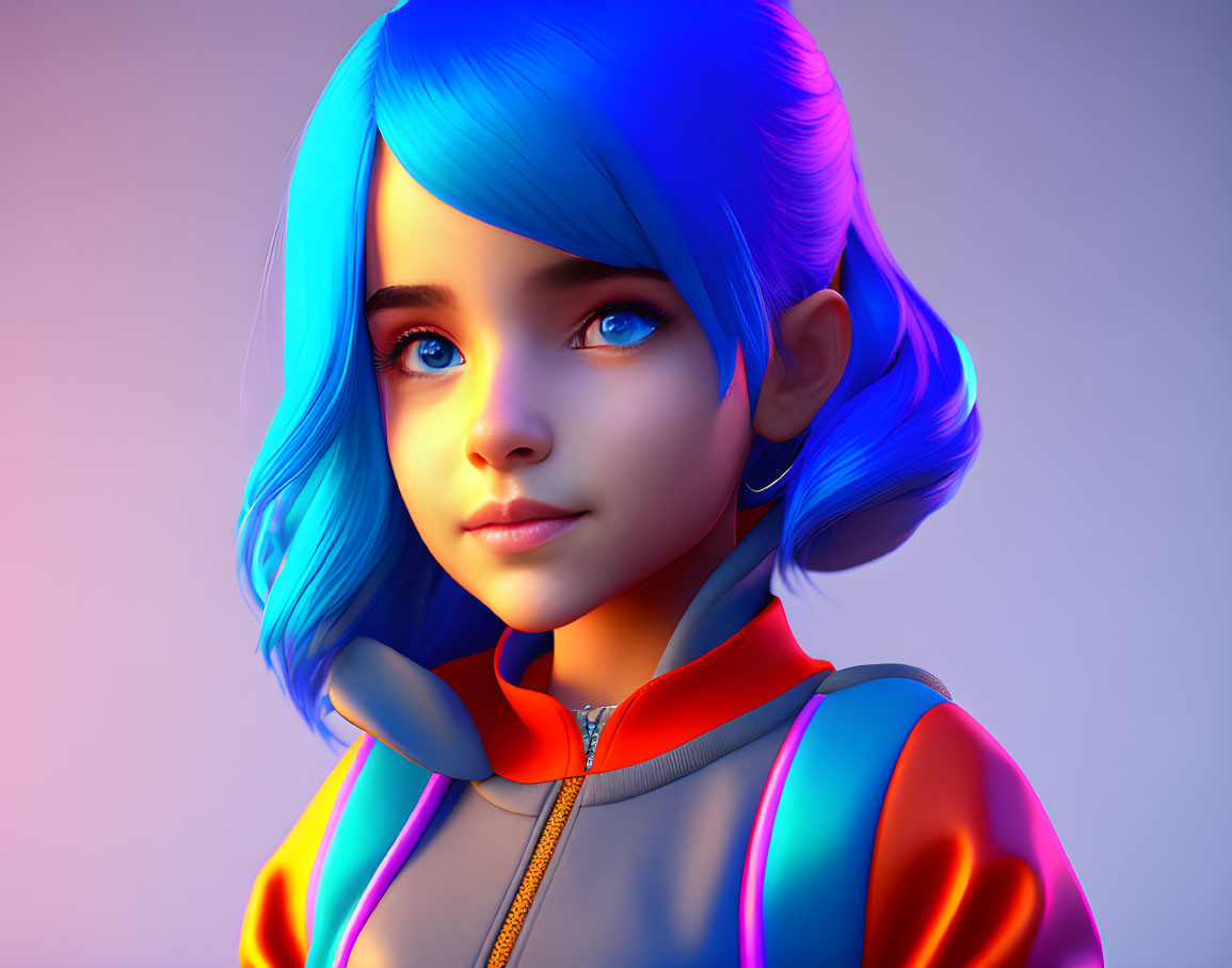 Colorful 3D Illustration: Girl with Blue Hair & Futuristic Jacket