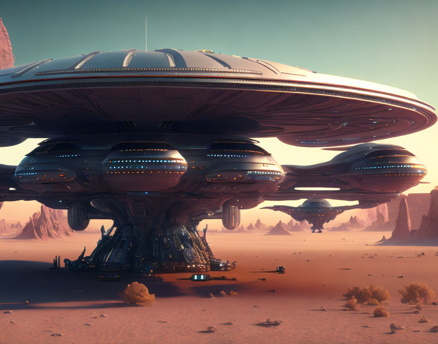 Futuristic cityscape with mushroom buildings under spaceship in desert.