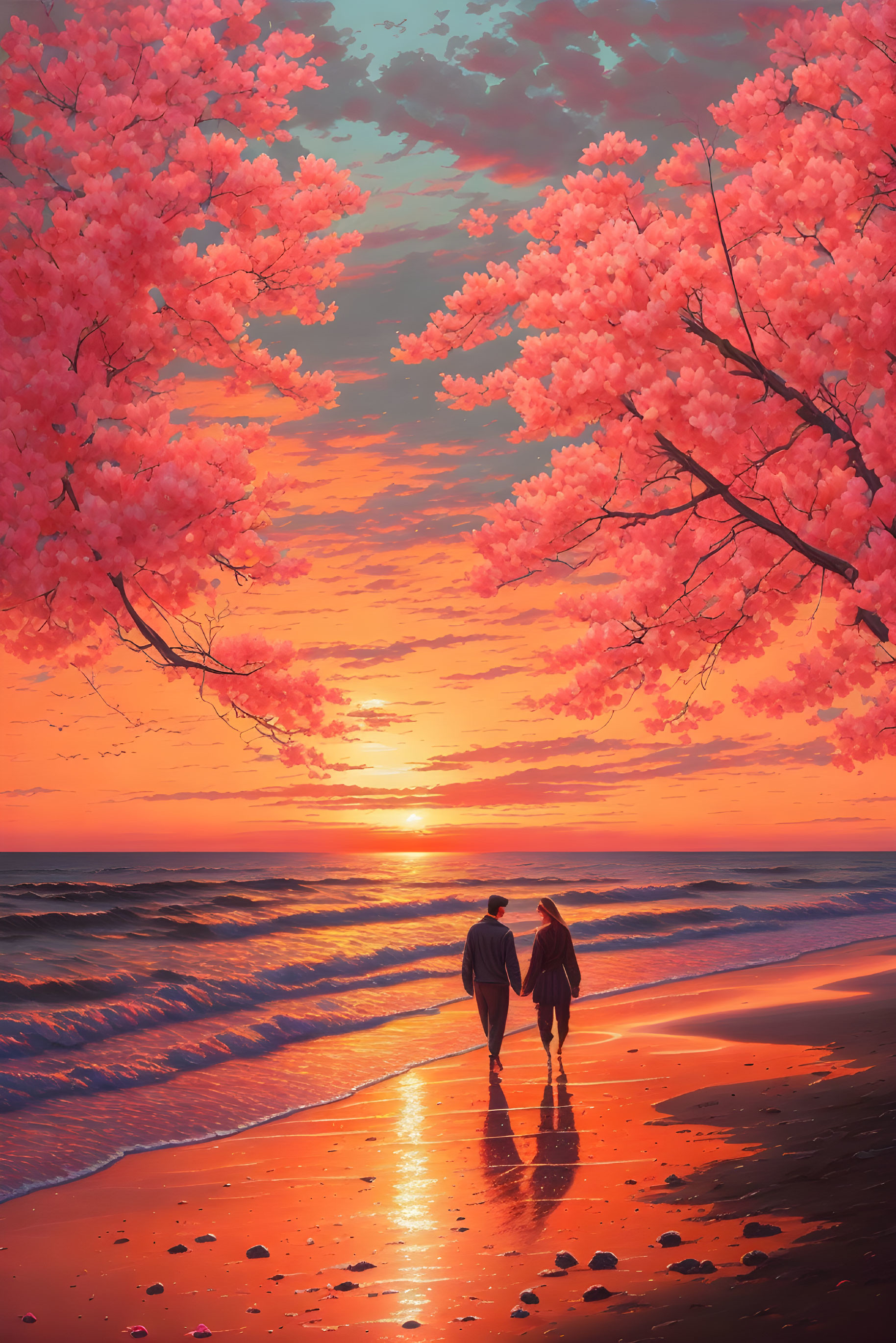 Couple walking on beach at sunset under cherry blossom trees with waves and sun reflection