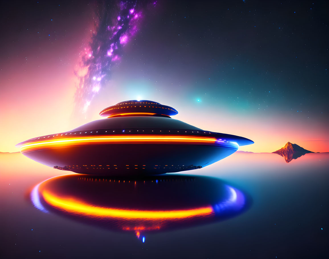 Futuristic UFO over tranquil sea with cosmic lights at dusk