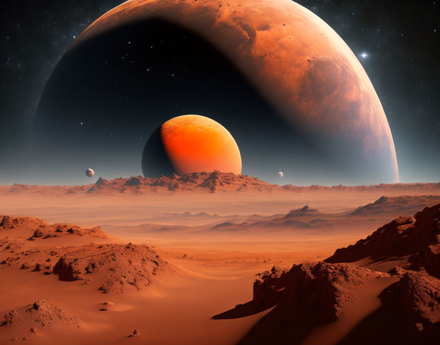 Surreal desert landscape with sand dunes, planet, moons, and stars