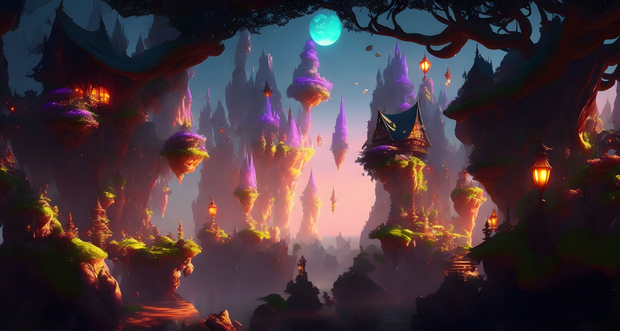 Mystical forest with floating islands and glowing plants